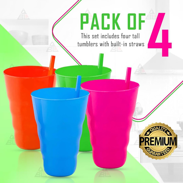 Dricksglas Set - Plastglas med Sugrör - Perfekt för Barns Drycker - 4-pack [ Blandade Färger ]
