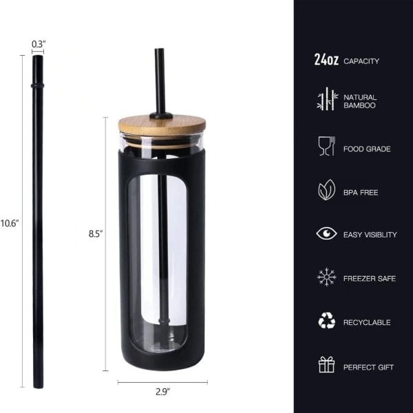 680 ml lasinen vesipullo bambukannella ja pillillä, leveä suuaukko, pilli, silikoninen suojakotelo BPA-VAPAA-B