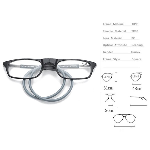 Magneettiset lukulasit Senil-nauhalla UNISEX (+1.0-+3.5) Harmaa / Punainen