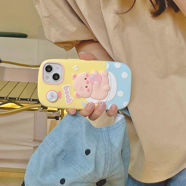 Kotelo iPhone 14 Pro Maxille, söpöt 3D Kawaii puhelinkotelot hauska vaaleanpunainen pupu sarjakuvakansi vihreillä aurinkolaseilla pehmeä silikonigeeli pudotussuoja kotelo Wo