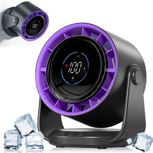 Bordventilator, 4000mAh batteri, LED-display, 120° drejeligt hoved, egnet til kontor og hjem, soveværelse, køkken, lilla Purple