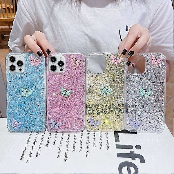 För iPhone 15 Stjärnklara Paljetter Strass Färgade Fjärilar Epoxi TPU Mobiltelefon Skal