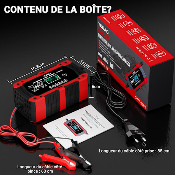 12V 10A LiFePO4 Billaddare Intelligent Automatisk Motorcykelladdare med LCD-Display 6 Lägen Reparation för AGM Gel SLA Våt
