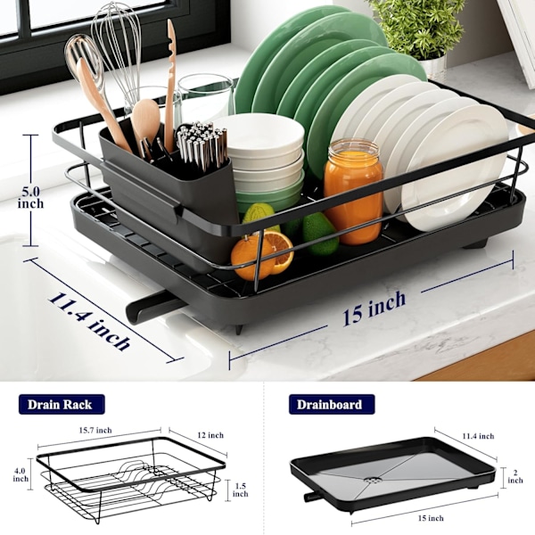 Oppvaskstativ - Plassbesparende oppvaskstativ, kjøkkenoppvaskstativ i rustfritt stål med bestikkholder, 30,5 cm B x 38,1 cm L, svart