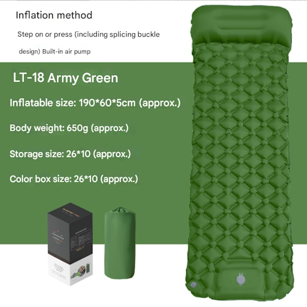 Itsestään täyttyvät retkipatjat: Paksu ja kevyt yhden hengen retkipatja, puhallettava ja yhdistettävä kahden hengen retkipatja ja kompakti puhallettava Olive Green Single sleeping pad