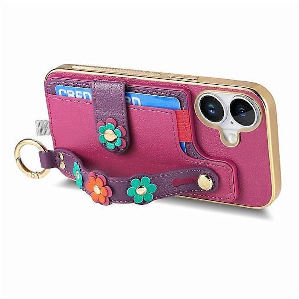 Kompatibel med iPhone 16 Etui Kortholder Læder Bagside Cover 3D Blomster Armbånd