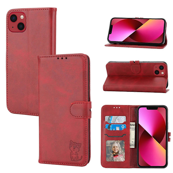 Præget Flip Læder Telefon Cover med Glad Kat Motiv til iPhone 14 Plus