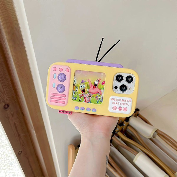 3D Tecknat Mobilskal för iPhone 14, Roligt Retro TV-format Mjukt Skyddsskal för Tjejer Kvinnor (Gul, iPhone 14)