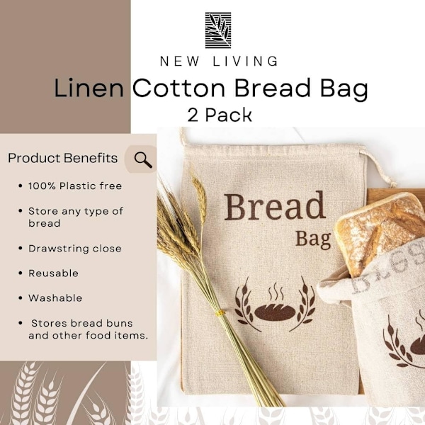 2 Pakning Naturlig Lin Brødpose | Økologisk Blanding | 2 x Gjenbrukbare Brødposer | Matlagringspose | Brødoppbevaringsposer | 38x27 cm | Øko Brødpose