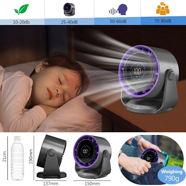 Bordventilator, 4000mAh batteri, LED-display, 120° drejeligt hoved, egnet til kontor og hjem, soveværelse, køkken, sort black