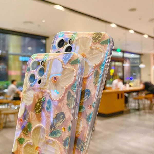 Kompatibelt med iPhone 13 Pro Max Blomfodral för Kvinnor Flickor Glänsande Fodral Glitter Målning Blommig Mjukt Skyddande Fodral för iPhone 13 Pro Max 6.7 Tum-P