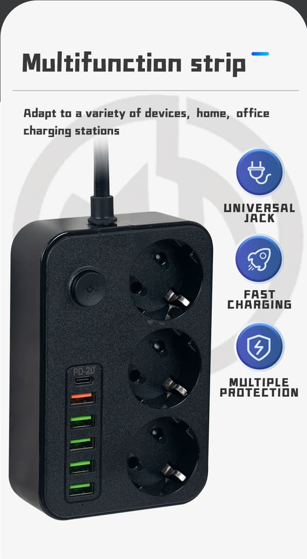 Protect 2 m Skjøteledning med USB-C/USB-A Svart