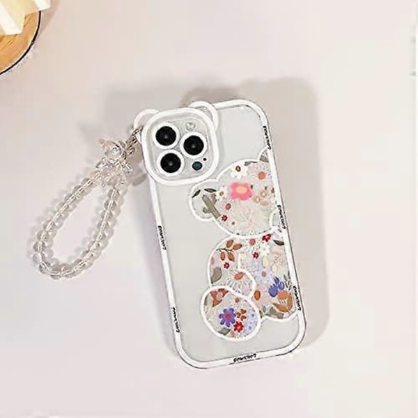 Kompatibel med iPhone 15 Pro Max Deksel Klar Søt Blomst Blomsterbjørn for Jenter Kvinner Mønster med Kjede Lanyard Håndleddsstropp Myk TPU Støtsikker Beskyttelse