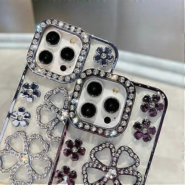 Søt Glitter Bling 3D Diamantblomst med Luksuriøs Rhinestone Blomsterdesign for Kvinner og Jenter og Glitrende Skinnende Slim Støtsikkert Deksel for iPhone 15 Pro Max - Himmelsblå