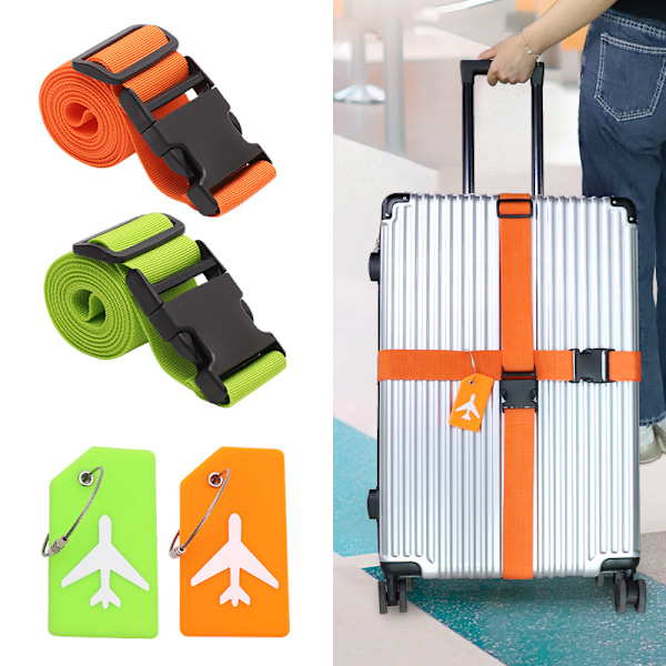 Matkalaukkuhihna ja matkatavaralappusetti, 2 matkalaukkuhihnaa ja 2 matkatavaralappua orange+green