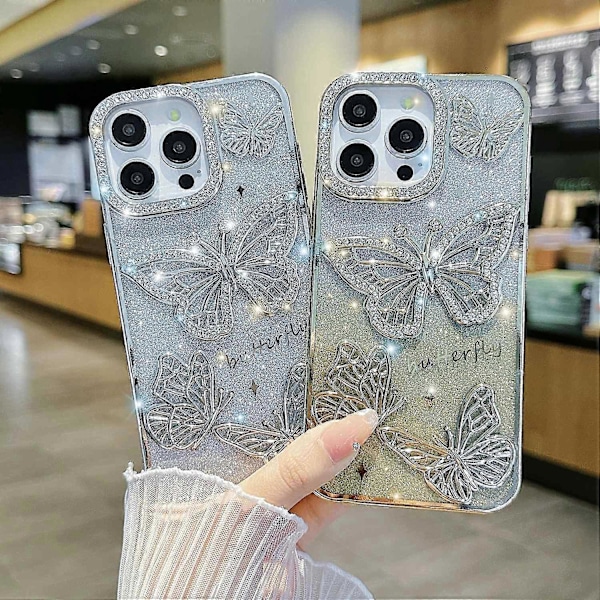 För iPhone 16 Pro Skal Strass Dekor 3D Fjäril TPU Telefonfodral med Glitterpapper