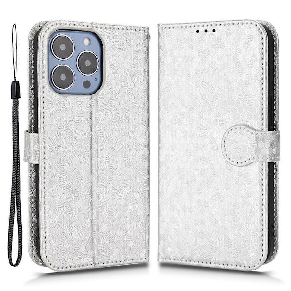 iPhone 15 PU-nahkalompakkokotelo, jossa on pistekuvioitu iskunkestävä suojus ja jalusta