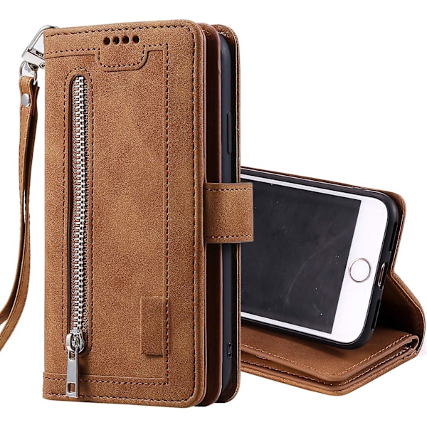 Wallet Case til Iphone Se 2022 5g/iphone 7/iphone 8/iphone Se 2020, 9 Kort Holder Slots Lynlås Lomme Håndtaske Etui Pu Læder Etui - Brun