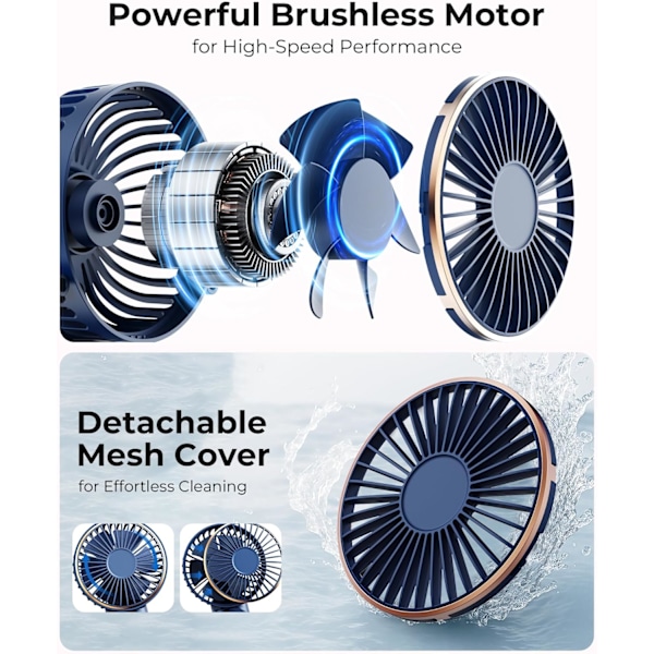 Bærbar håndholdt ventilator, genopladelig 3600mAh, 180° justerbar, 6 hastigheder, foldbar, blå blue