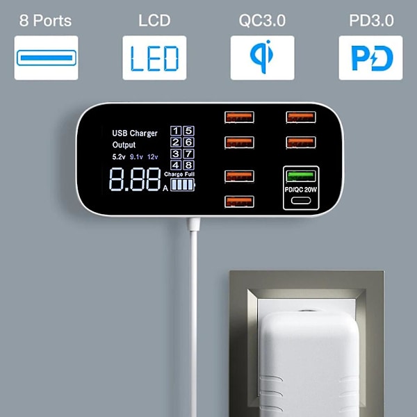 USB-laddare med flera portar och LCD-display, smartphone