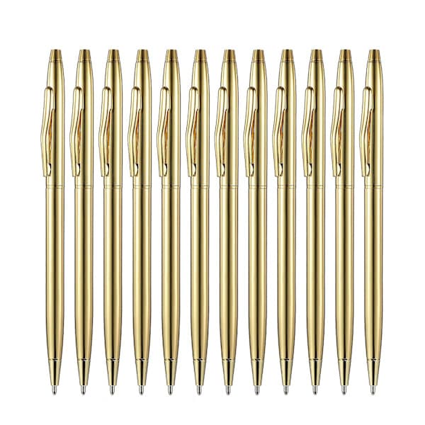 12 stk. Gull Slanke Kulepenner Svart Blekk 1 mm Medium Spiss Metalliske Uttrekkbare Penner For Studenter