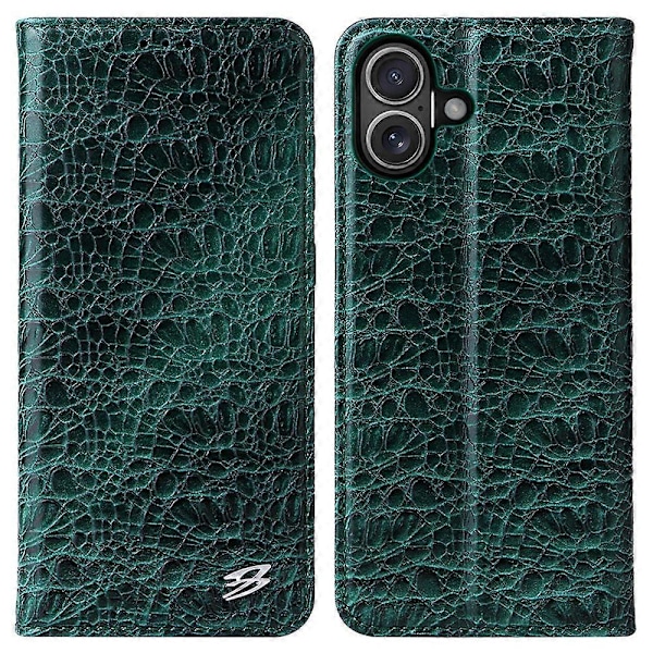 Ægte læder krokodille tekstur pung telefoncover til iPhone 16 Plus - Grøn