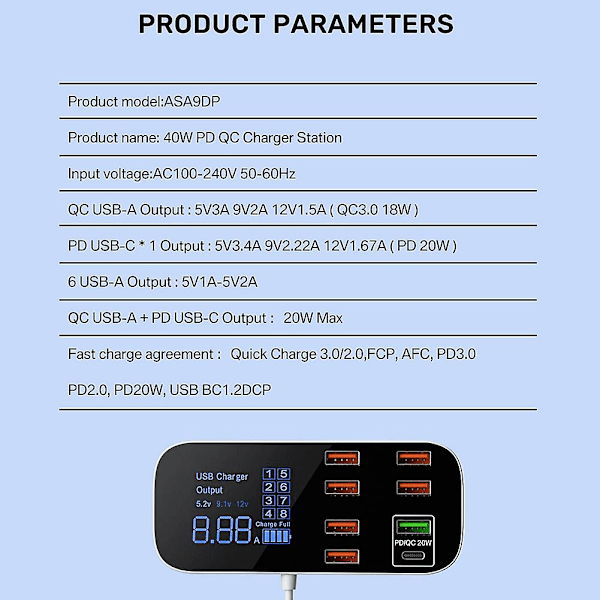 Multi USB-oplader med LCD-display, smartphone