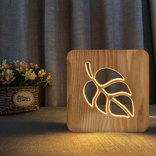 Bladformede ornamenter i massivt træ 3D lille natlampe