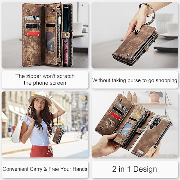 Brun Avtakbart Samsung Galaxy Note20 Deksel Bærbar Lommebok Design TPU Lær Stativ Magnetisk Snor Flip Kortspor Lukking 2 i 1 Deksel Samsung