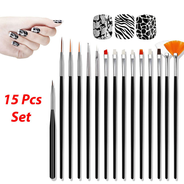 15 st Nagelkonst set prickmålning lack pensel pennverktyg Svart en storlek Black