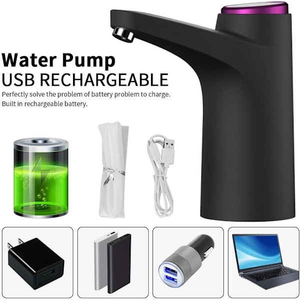 Elektrisk vattenpumpsdispenser, USB-laddning vattenpumpsdispenser för flaska, för universalflaska, portabel vattenpumpsdispenser för inomhus och utomhusbruk (Svart)
