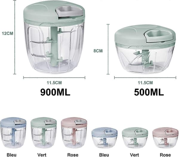 Manuel løghakker med 3 knive i rustfrit stål. Multifunktionel hakker og blender til løg, hvidløg, kød, nødder og andre fødevarer.