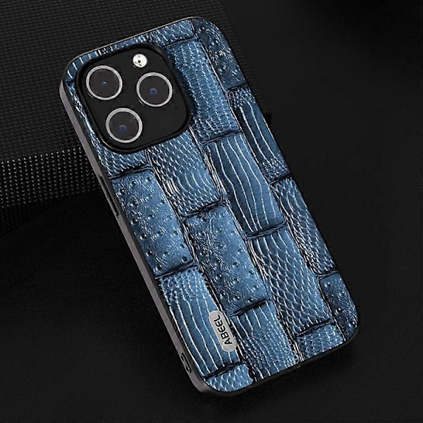 Til iPhone 15 ABEEL Ægte Læder Mahjong Mønster Sort Kant Telefon Cover