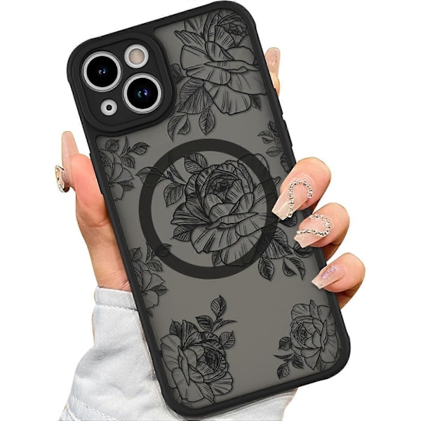 Etui til iPhone 15 [Kompatibel med MagSafe] Sort Blomst Blomstermønster Design Etui til Kvinder Piger Blød TPU Kofanger Hård PC Bagside Anti-Fald Stødsikker