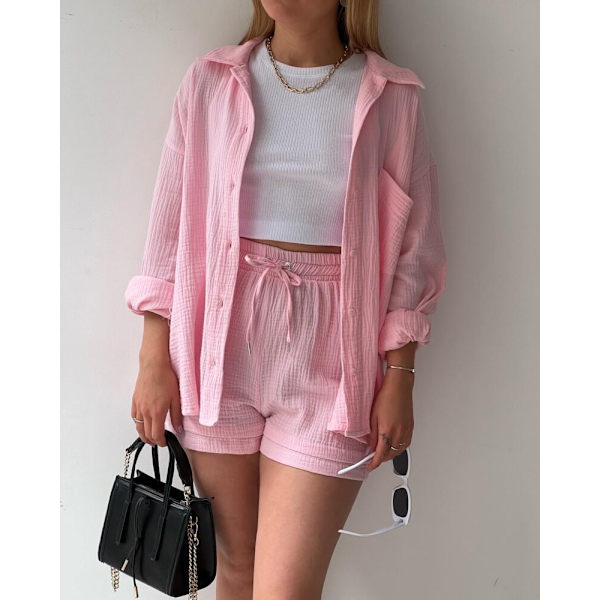 Dam Crinkle Krage Långärmad Skjorta Hög Midja Dragsko Shorts Mode Avslappnad Tvådelad Set Rosa L