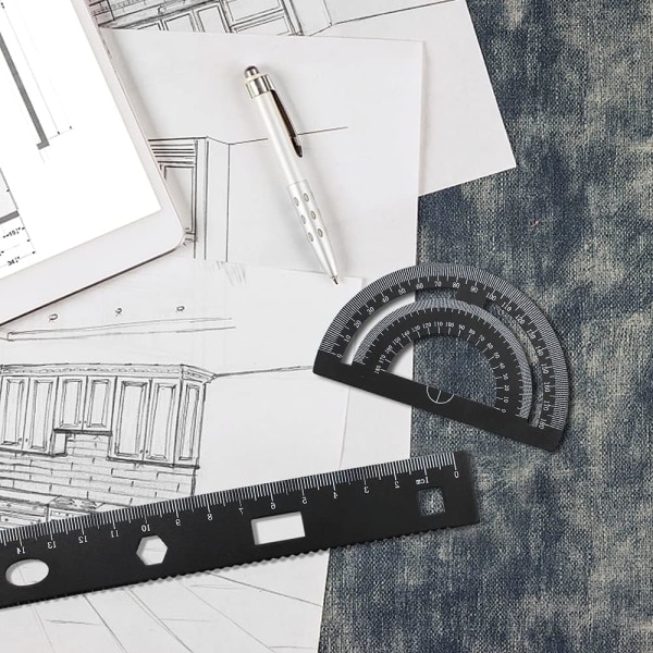 4-delars Linjal Vinkelhake Gradmätare Geometriset med 15cm Linjal Gradmätare och 60°&45° Vinkelhakar för Studentmaterial Aluminiumlegering (Sunmostar