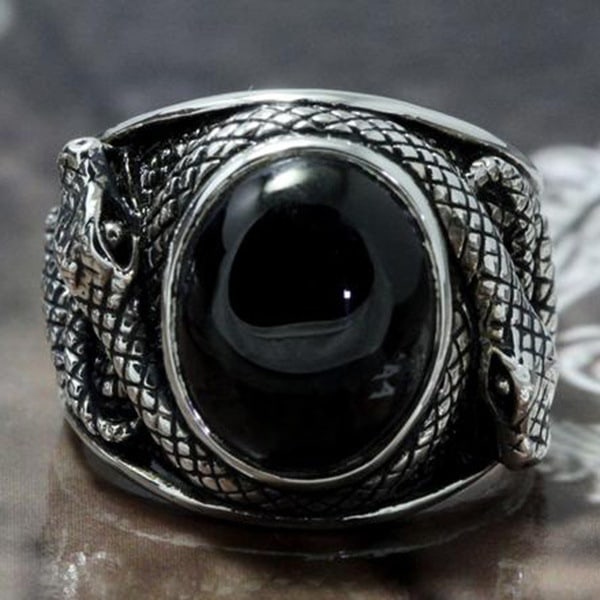 Reptil Slange Ring For Menn, Svart Edelsten Slange Band Ring 9