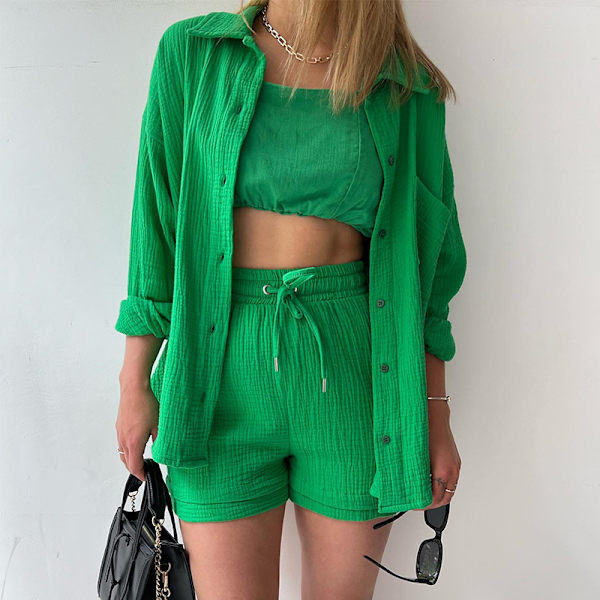 Dam Crinkle Krage Långärmad Skjorta Hög Midja Dragsko Shorts Mode Casual Tvådelat Set Grön S