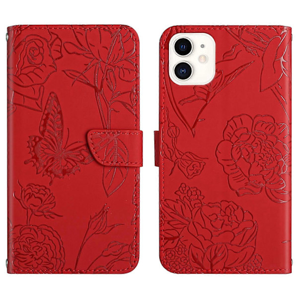 Læder telefoncover med sommerfugl og pæon prægning til iPhone 12 mini