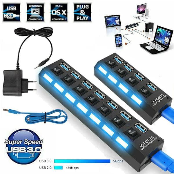4/7 Port USB 3.0 Hub Aktiv med Strømforsyning Splitter USB Til Windows PC Laptop DHL