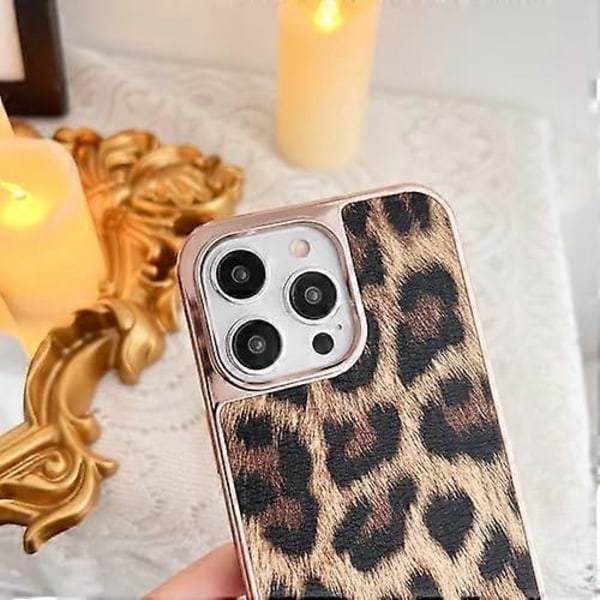 Lyxigt Leopardmönstrat Mobilskal för iPhone 15 Pro Max, Mode Pläterad Lädersida Ramdesign Stötsäkra Skyddsfodral Kvinnor för Apple 15 P