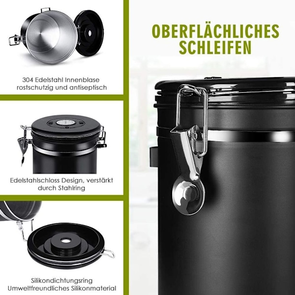 Kaffedåser, forseglede kaffebeholdere, rustfrit stål black