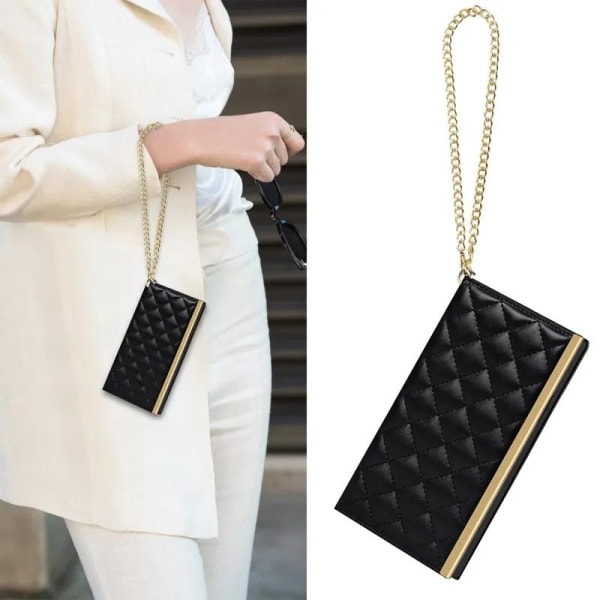 iPhone 14 Luksuriøst Crossbody Telefondeksel - Reversibel Lommebok med Avtakbar Stropp Speil Sort