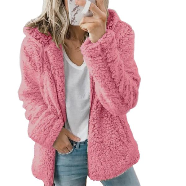 Fleece Fluffy Hoodie til Kvinder Langærmet Jakke Vinter Varm Teddy Bjørn Cardigan Pink