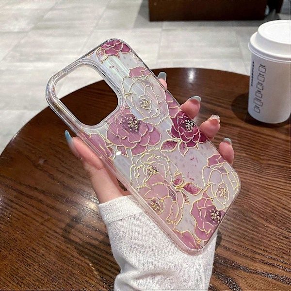 iPhone 15 Pro Max PC+TPU -puhelinkotelo, jossa on kimaltavaa jauhekoristelua ja pionikuvio