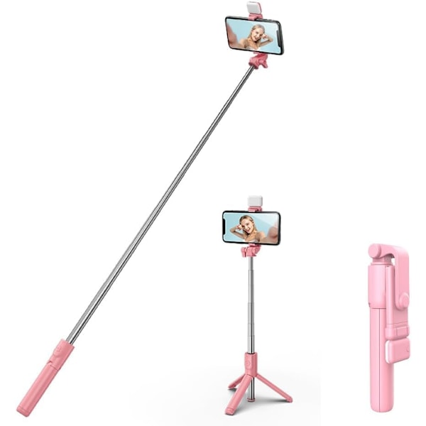 Selfie Stick Tripod med Trådløs Fjernbetjening - 4 i 1 Udtrækkelig Bærbar til Mobiltelefoner Kompatibel med iPhone 15/14/13/12/11 Pro/XS Max/XS/X/8/7 (Pink) Pink