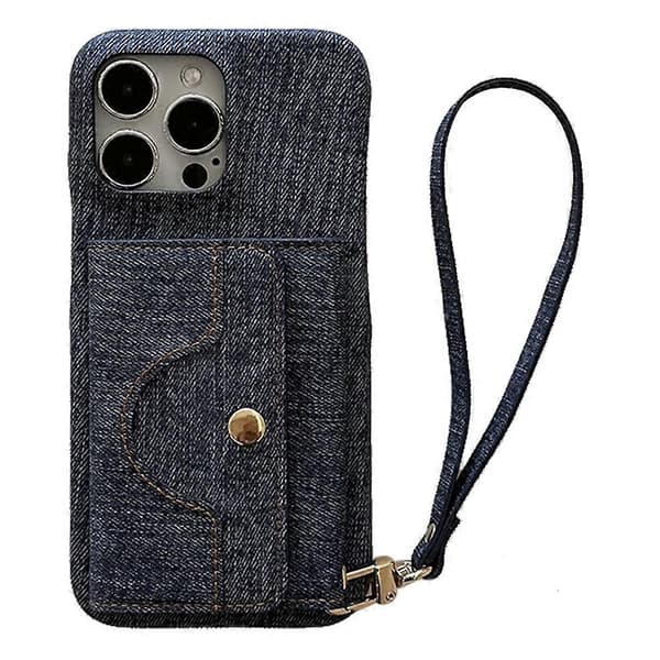 For iPhone 16 Pro Max Deksel Kortspor Speildesign Lær Bakdeksel med Stropp