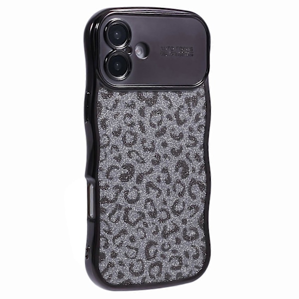 Skal till iPhone 16 Curly Frame TPU Mobilskal Leopardtryck Glitter-Svart
