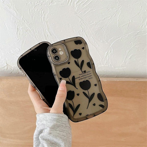Kompatibelt skal för iPhone 14/iPhone 13 med sött, enkelt svart blomstermönster Design Kvinnor Tonårsflickor Linsskyddsskal för iPhone 14/13+Svart