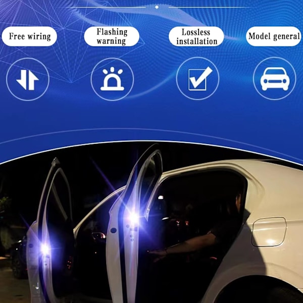 4 stk. Bil Dør Sikkerhed LED Advarselslys 12V Trådløs LED Blinkende Anti-kollision Lys blue